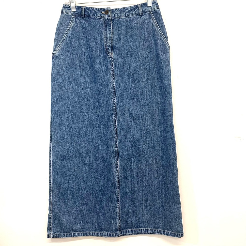 LL Bean Vintage Denim Maxi Skirt Blue 100% Cotton Long Slit Pockets Western Boho